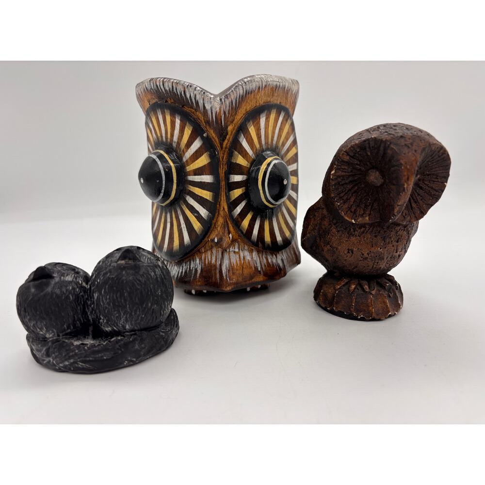 Lot of 3 hand carved vintage owls
